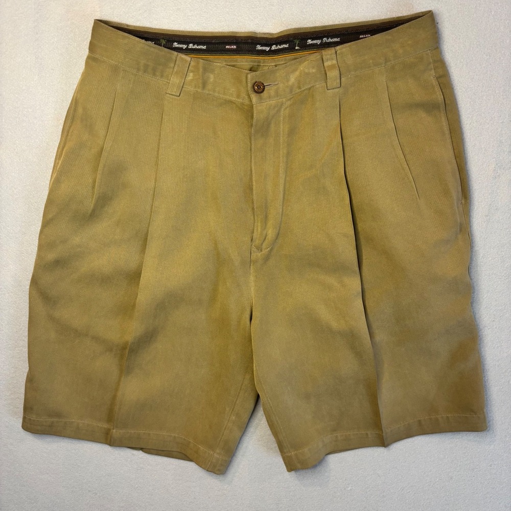 VTG Tommy Bahama Relax Mens 34 Khaki Tan 100% Silk Pleated Shorts Casual
